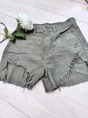 American Eagle Outfitters Olive Green Distressed Frayed Denim Shorts